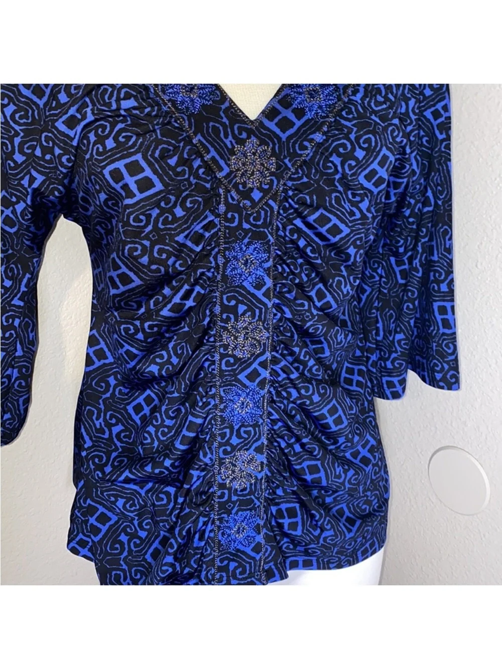 Women's Blue V-Neck Ruched Top with Embellished Buttons